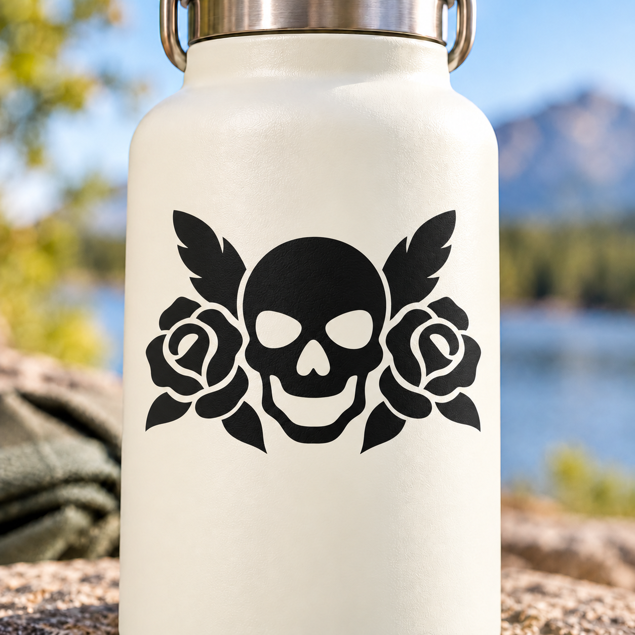 Skull and rose vinyl decal pair, black skull with roses on light surface