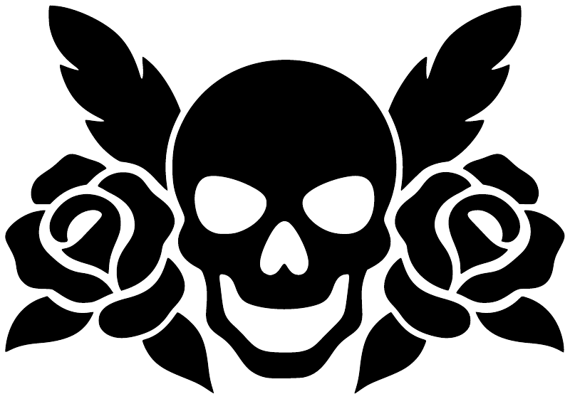 Skull and rose vinyl decal pair, black skull with winged roses, white highlights