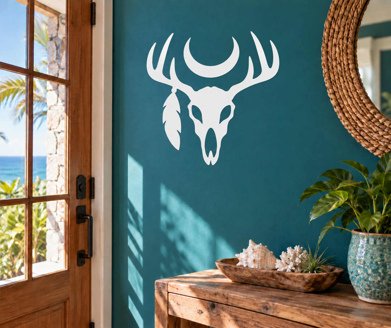 Deer skull and crescent moon vinyl wall decal, white