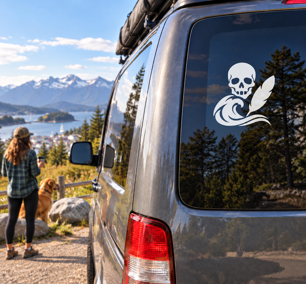 Skull and ocean wave vinyl decal for car window, white and black graphic