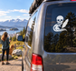 Skull and ocean wave vinyl decal for car window, white and black graphic