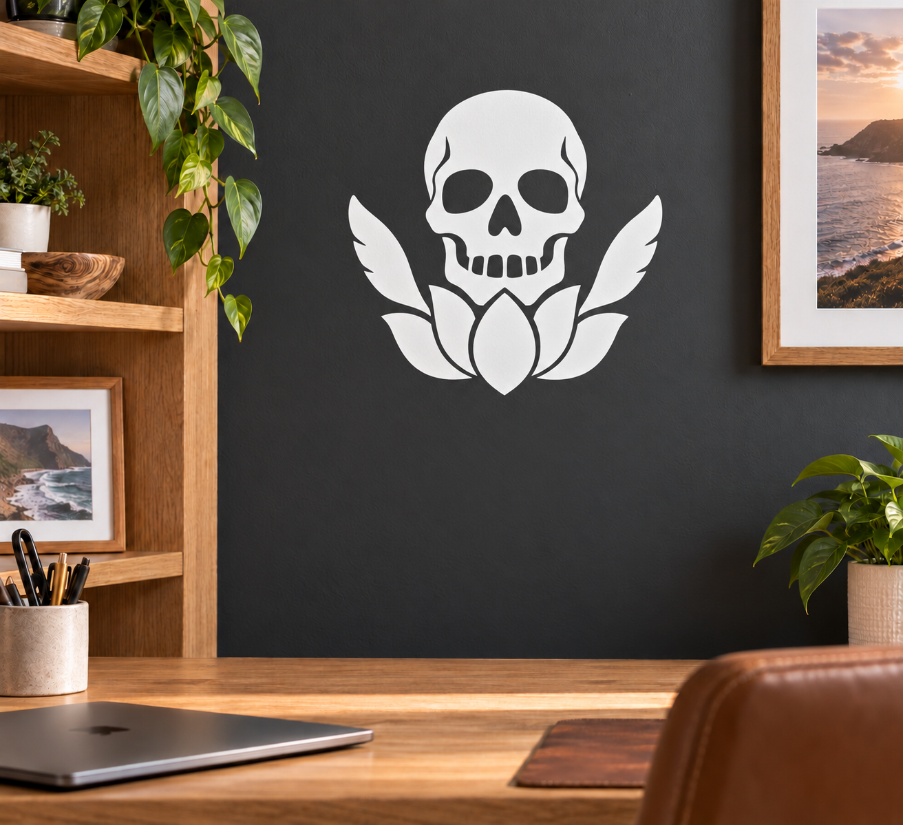 Skull lotus vinyl decal with winged skull and heart-shaped flower center, white and black
