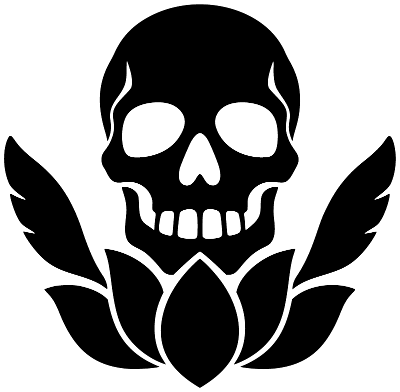 Close-up skull lotus vinyl decal with black skull, white eyes, and winged heart