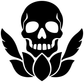 Close-up skull lotus vinyl decal with black skull, white eyes, and winged heart