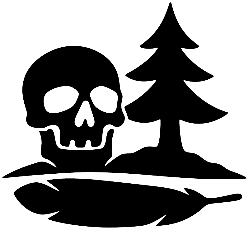 Skull, pine tree, and horizon wave vinyl decal silhouette, black on white