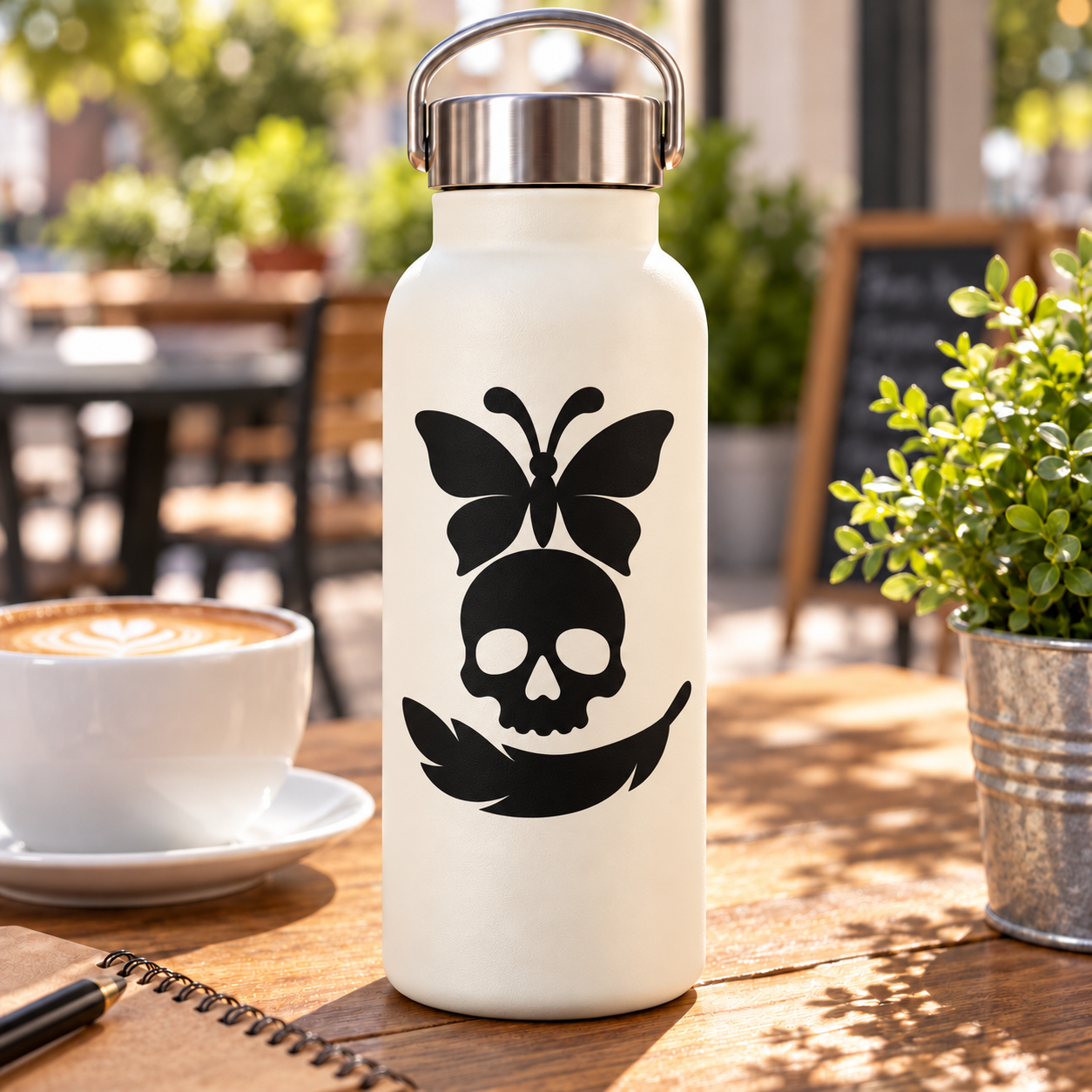 Black skull and butterfly vinyl decal with curled tail on a white bottle