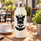 Black skull and butterfly vinyl decal with curled tail on a white bottle