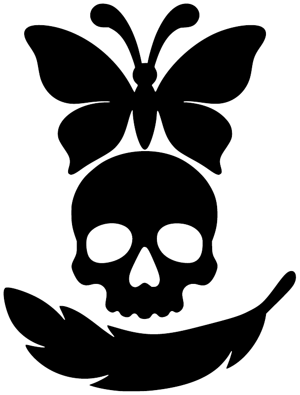 Black skull with butterfly above and arched ribbon vinyl decal design