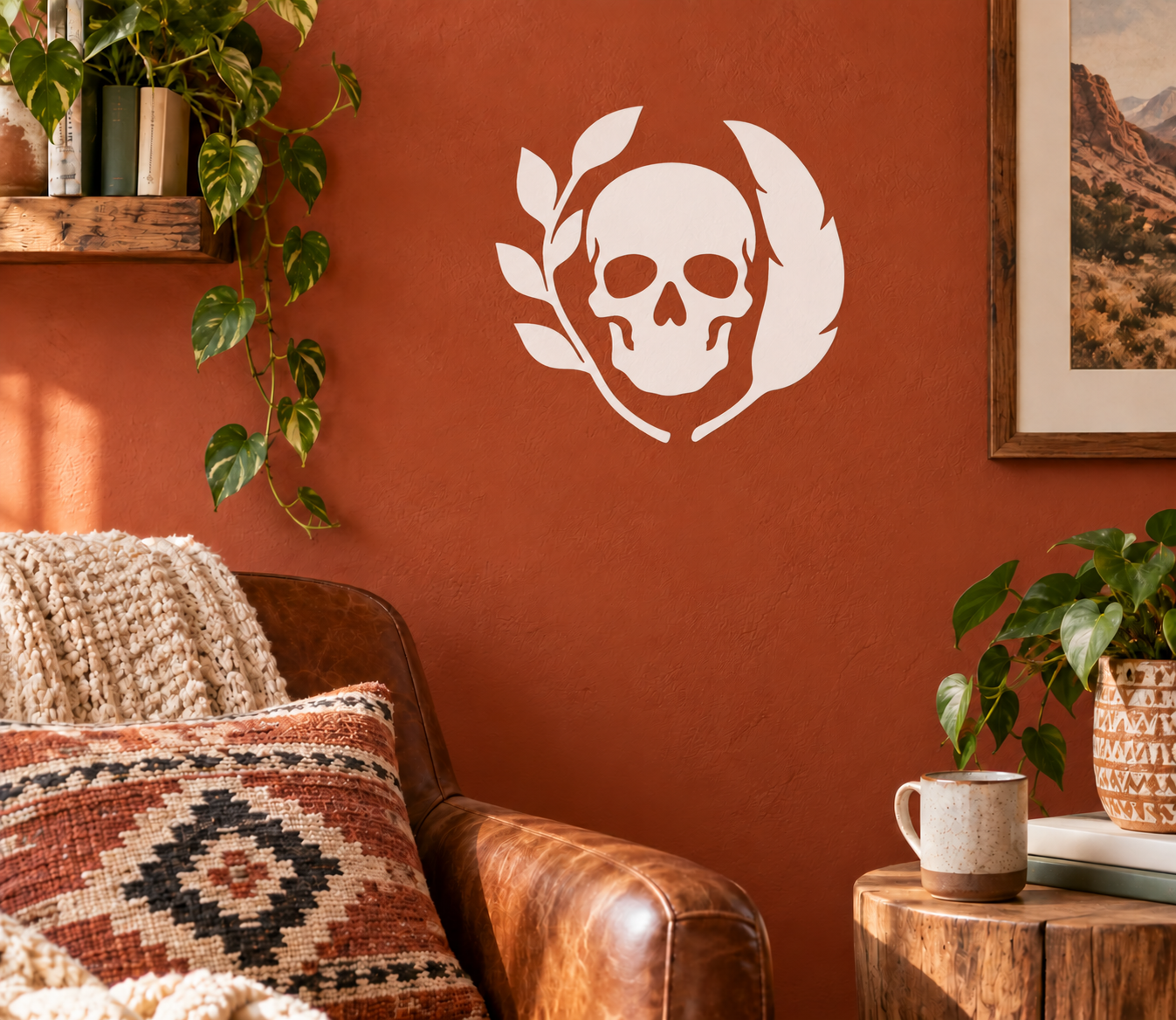 Skull laurel vinyl decal with white skull and leaf accents
