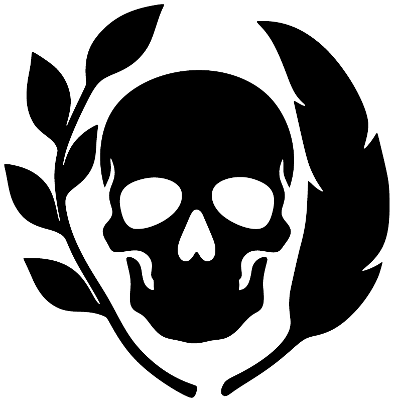 Skull laurel vinyl decal close-up, black skull with white leaf shapes