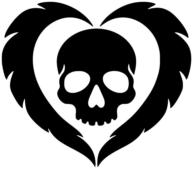 Black-and-white skull in feather heart vinyl decal, close-up graphic