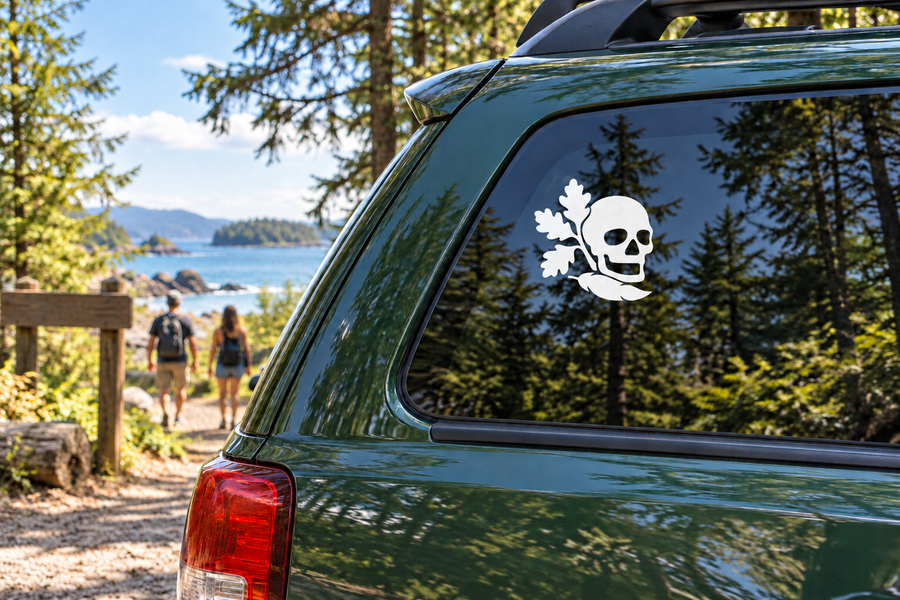 SkullFeatherCX018 skull vinyl decal with oak leaf plume, white outline on car window