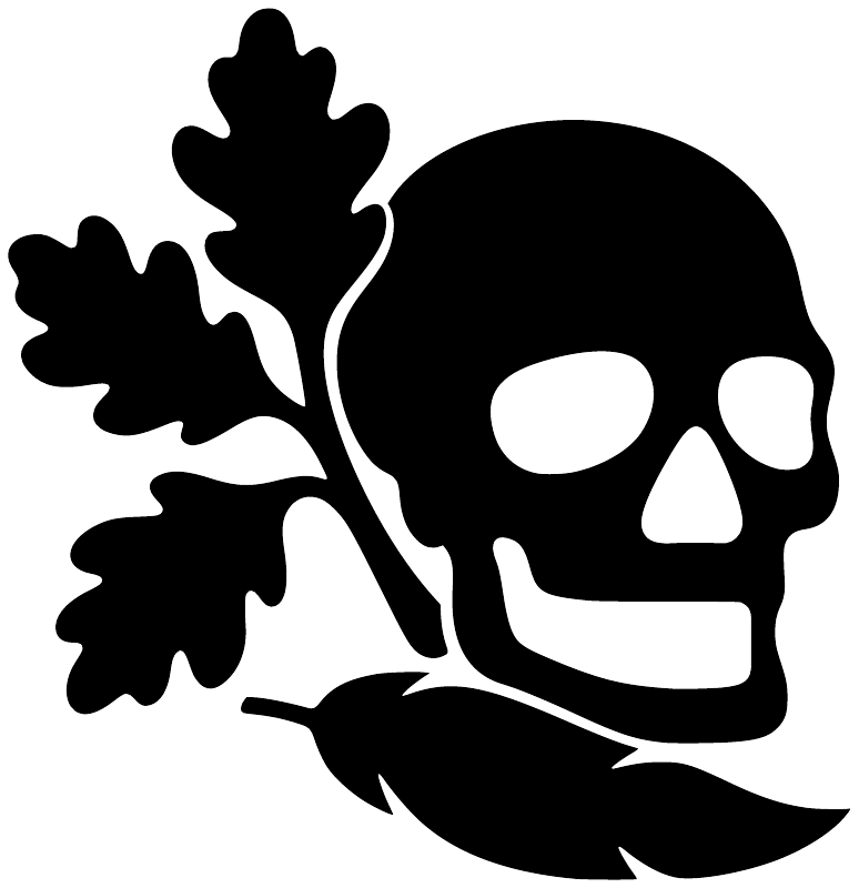 Skull vinyl decal with black skull and oak-leaf plume, bold white outline