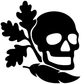 Skull vinyl decal with black skull and oak-leaf plume, bold white outline