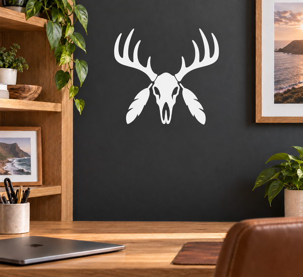 Elk skull feather crest vinyl decal with antlers, skull, and feathered wings, white