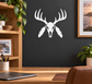 Elk skull feather crest vinyl decal with antlers, skull, and feathered wings, white