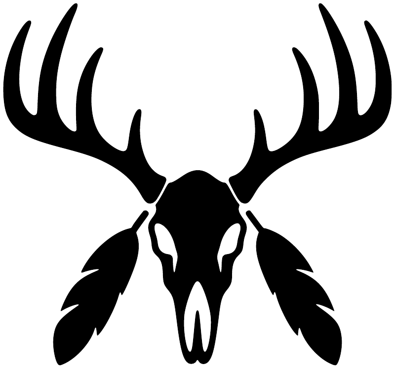 Elk skull feather crest vinyl decal with black-and-white antlers, skull, and feather accents