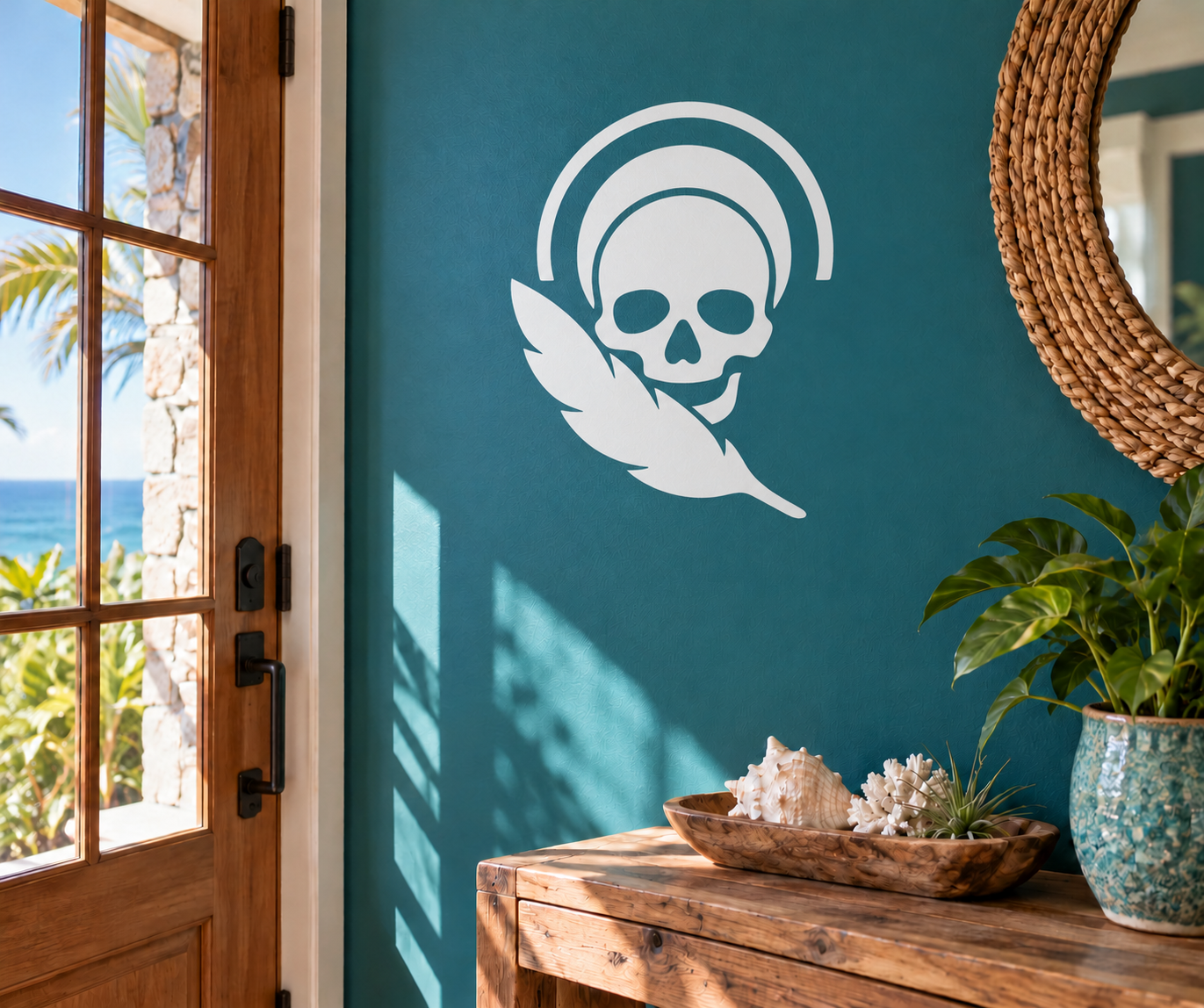 Skull sun halo vinyl decal with white skull, wing graphic, and circular sun rays
