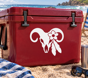 White skull ram and blossom vinyl decal on red surface