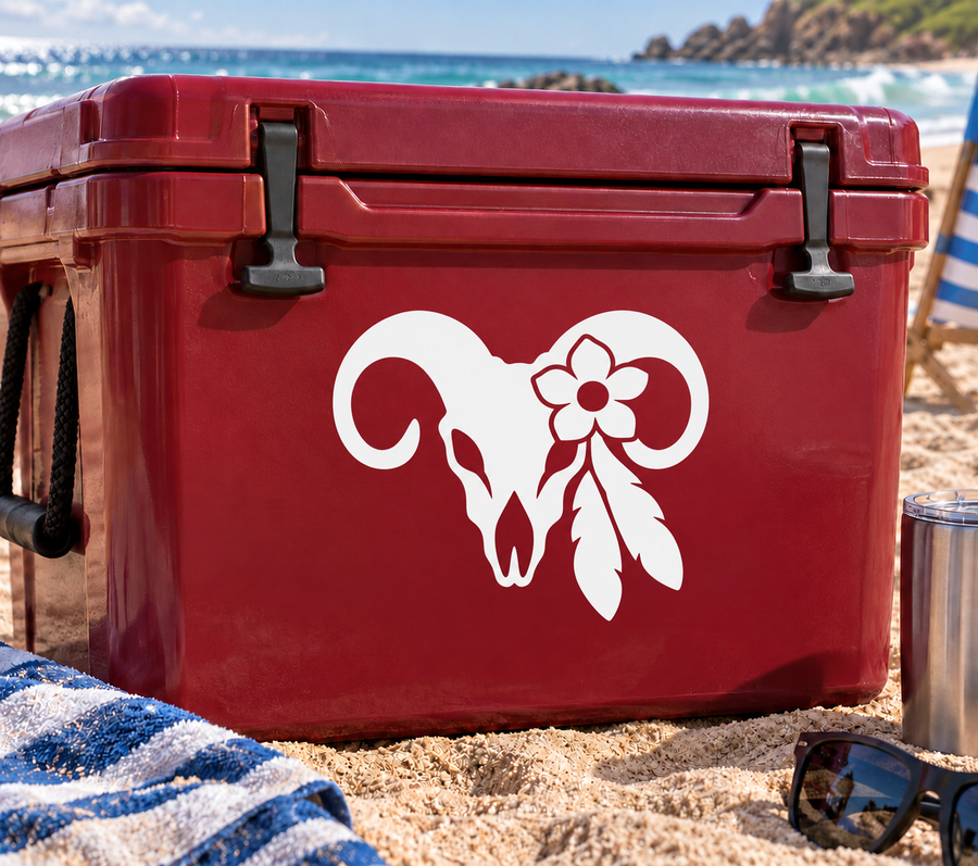 White skull ram and blossom vinyl decal on red surface