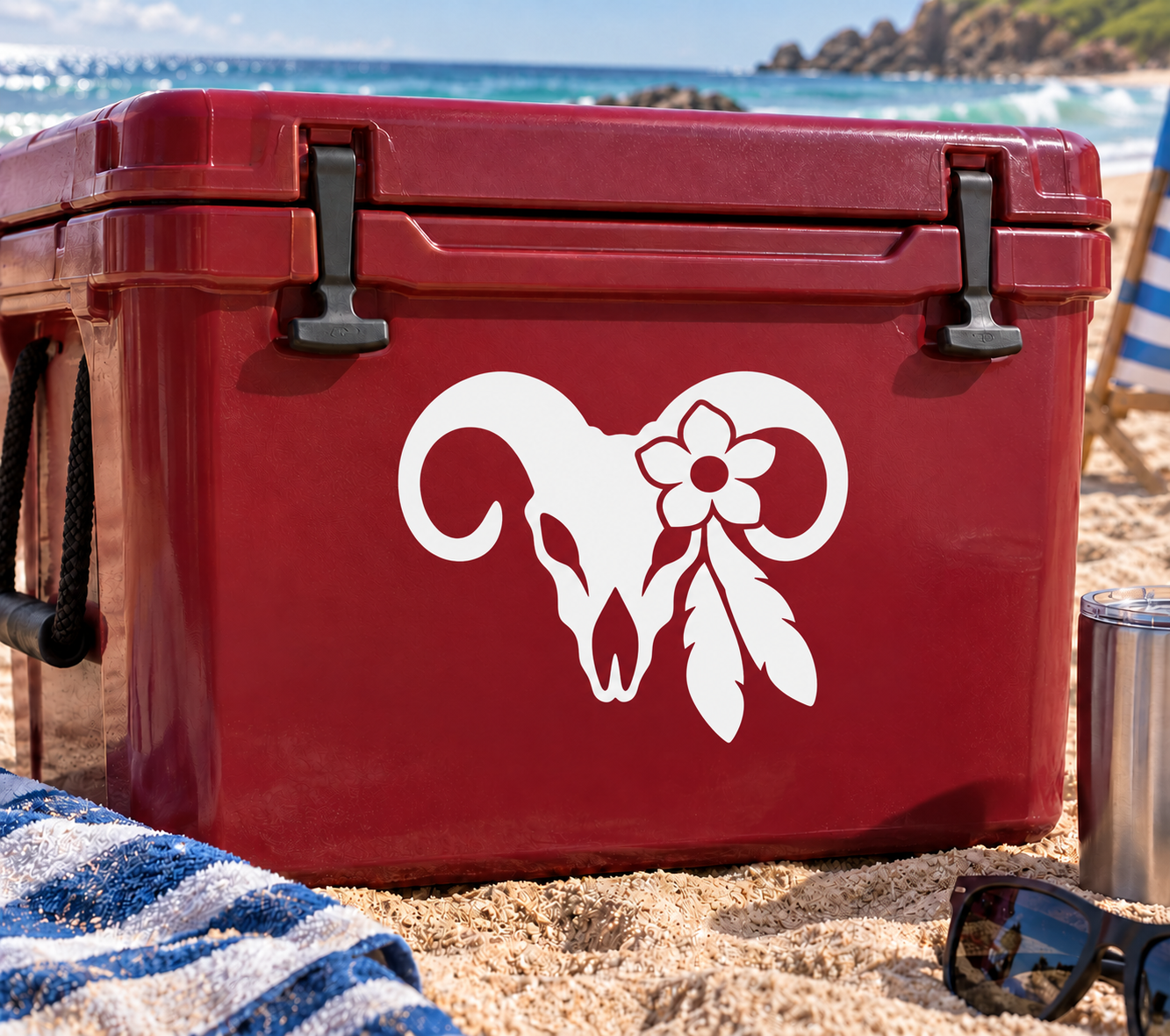 White skull ram and blossom vinyl decal on red surface