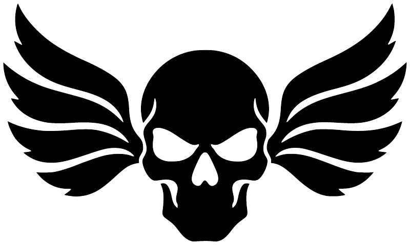 Raven wings skull vinyl decal with black skull and wings on white background