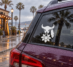 Bison skull and sunflower vinyl decal on car window, white design