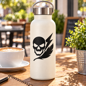 Skull and lightning vinyl decal with feather sweep, black on white