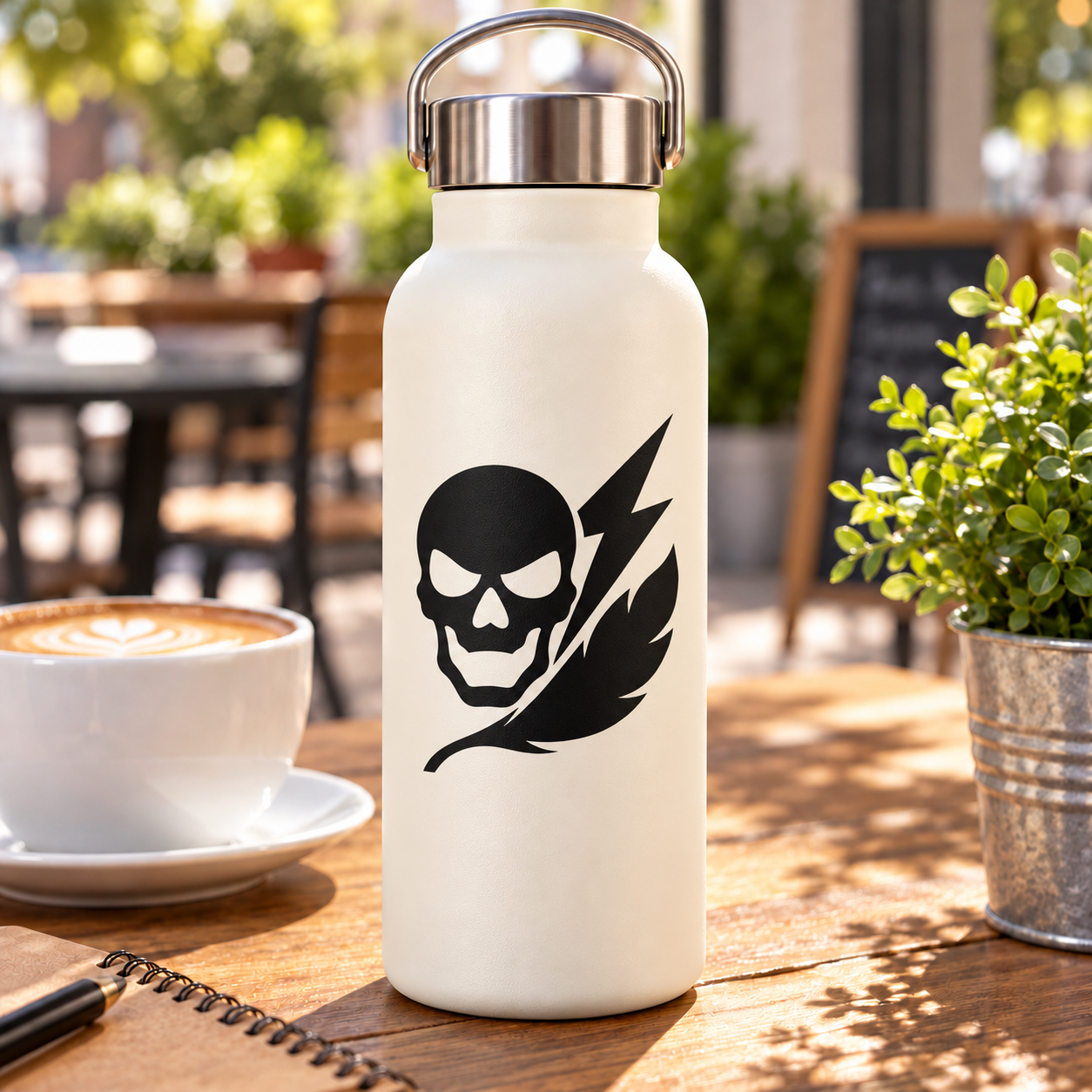 Skull and lightning vinyl decal with feather sweep, black on white