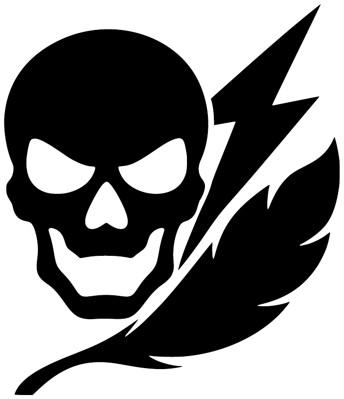 Skull face vinyl decal with lightning bolt and feather outline, black