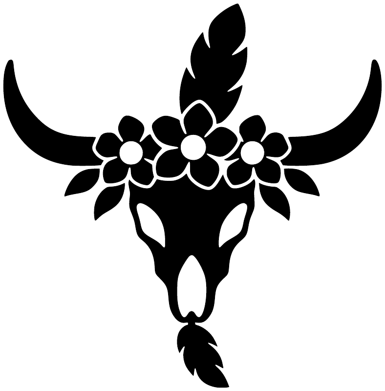Black longhorn floral skull vinyl decal with flower and leaf details