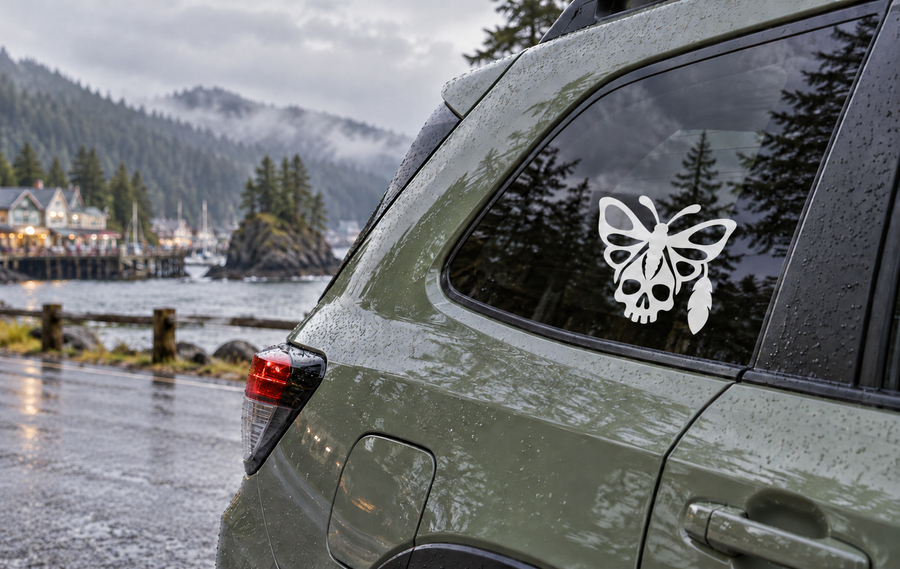 Night moth skull vinyl decal, black-and-white skull with wings