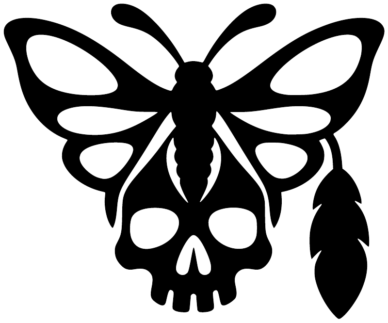 Night moth skull vinyl decal, black-and-white skull with antenna and wing shapes