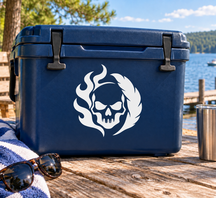 Skull flame feather vinyl decal, white design on blue surface