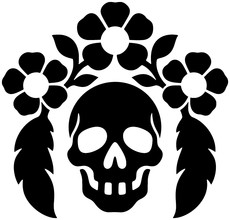Skull botanical vinyl decal in black and white with plumes, flowers, and skull face