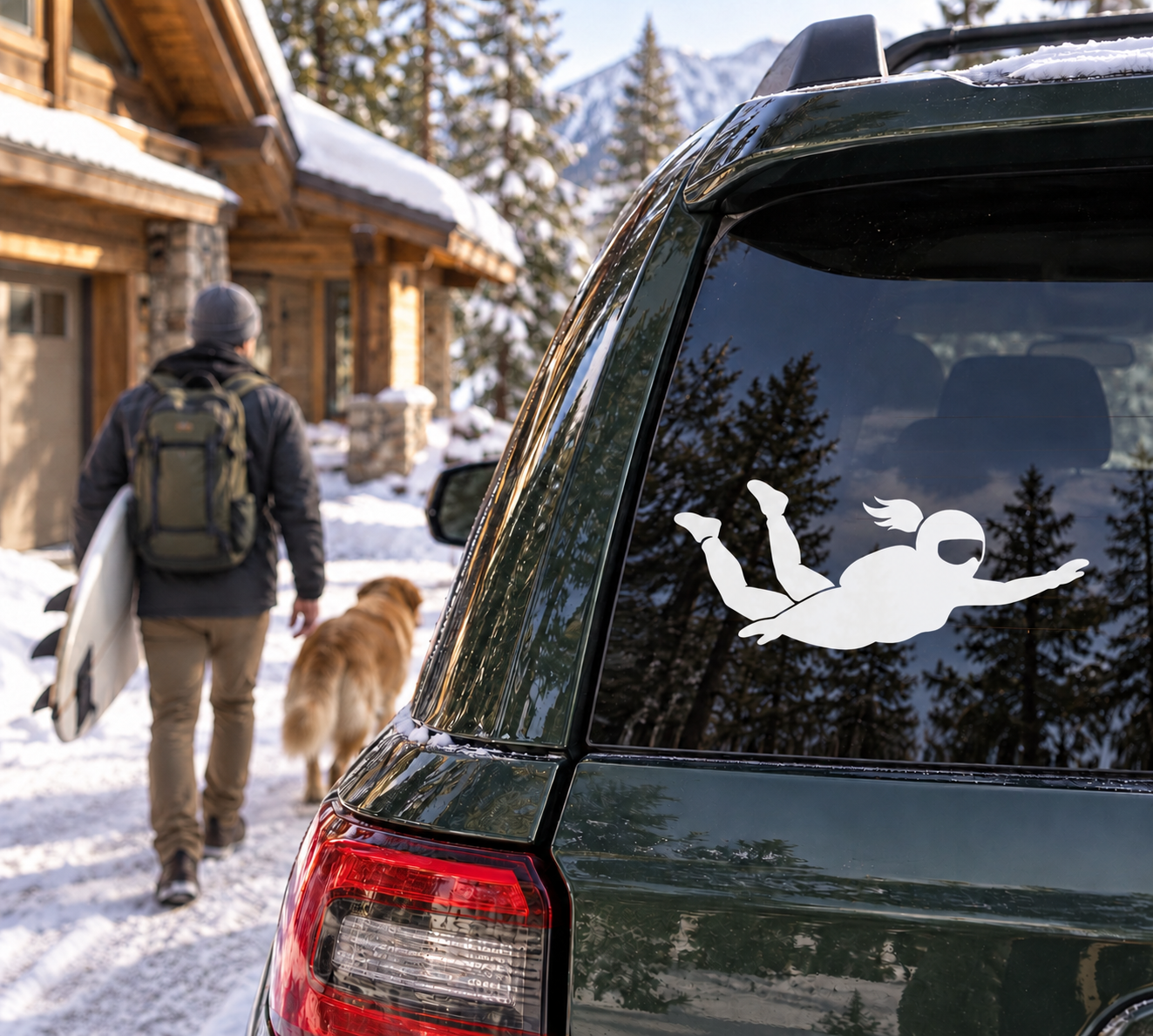 White skydiver vinyl decal on car rear window, helmeted silhouette with outstretched arms