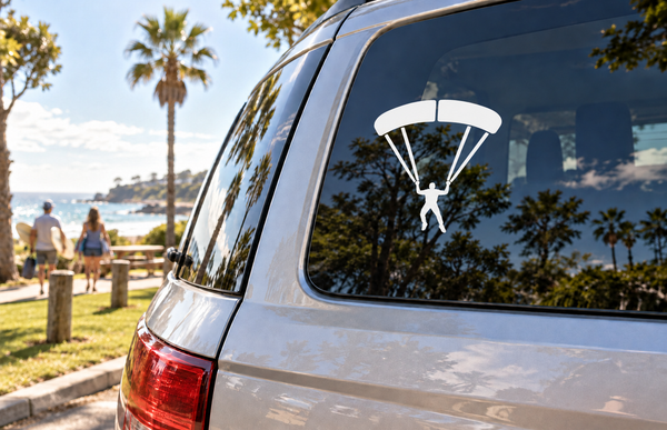 Parachute skydiver vinyl decal: black canopy with diver silhouette on car window