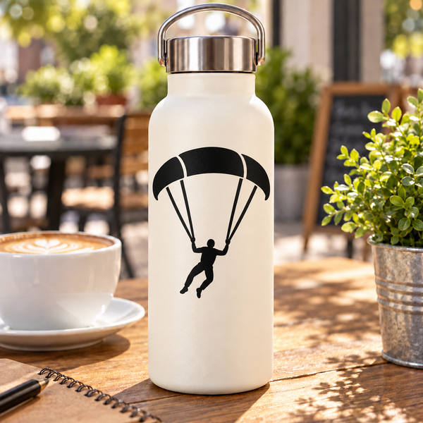 White water bottle with black skydiver parachute vinyl decal
