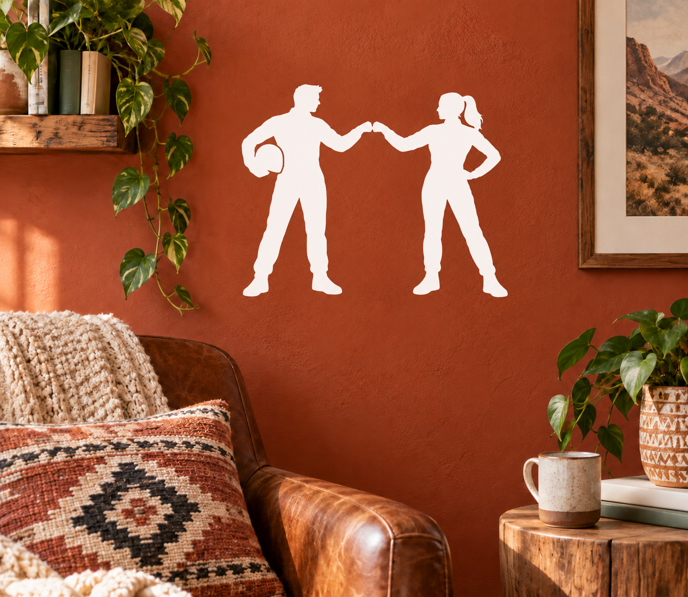 Vinyl wall decal of two partner silhouettes holding hands, white cutout