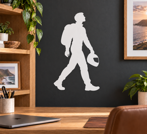 White skydiver walking vinyl decal with helmet and gear bag, full-body silhouette
