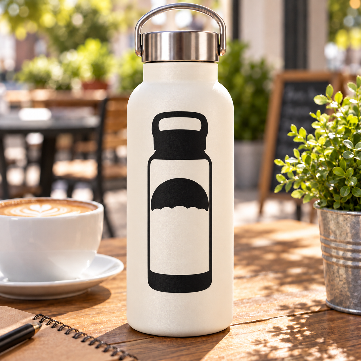 White bottle with black skydiver-themed vinyl decal graphic