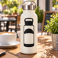 White bottle with black skydiver-themed vinyl decal graphic