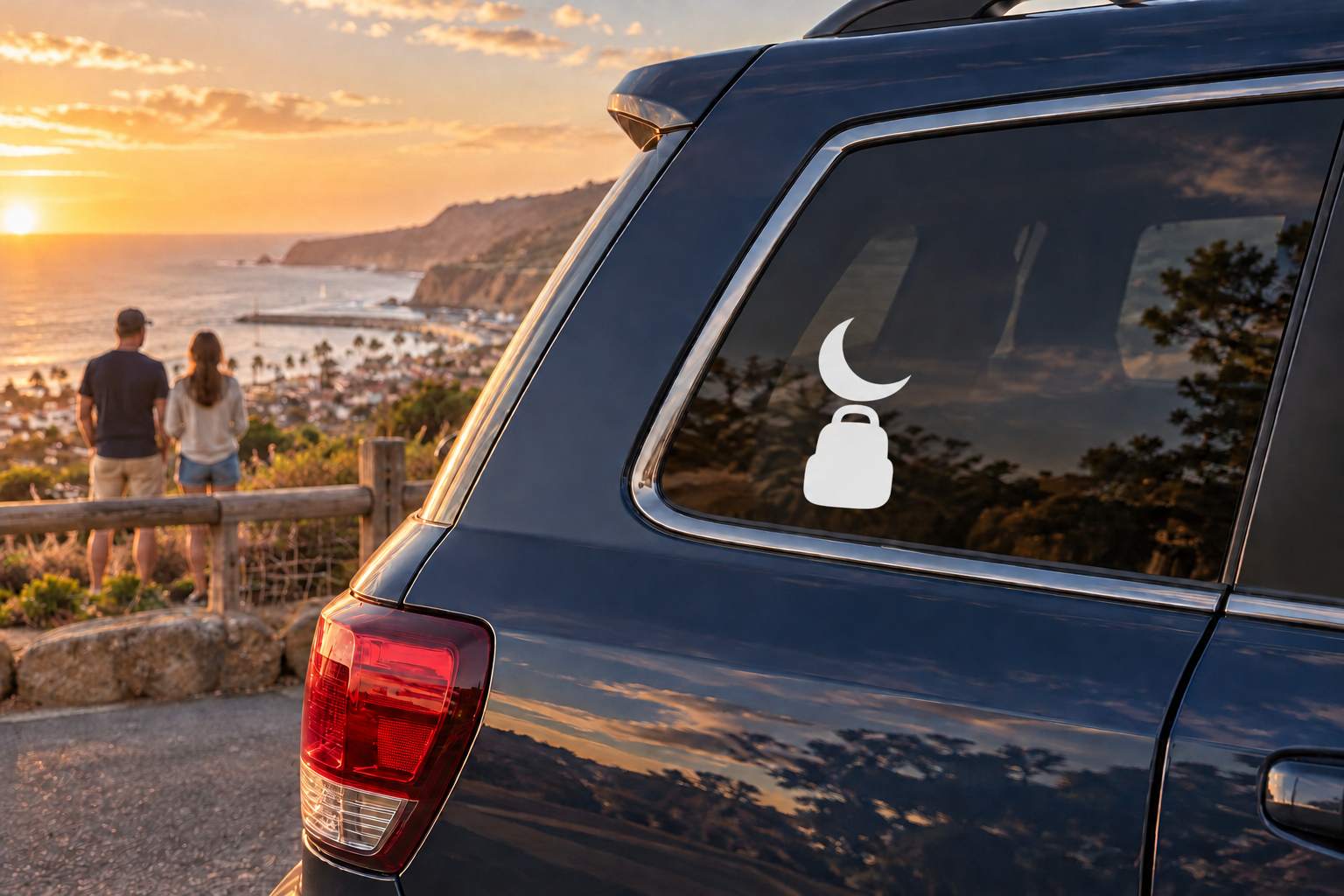Car window vinyl decal set: crescent moon and white pouch/helmet silhouette