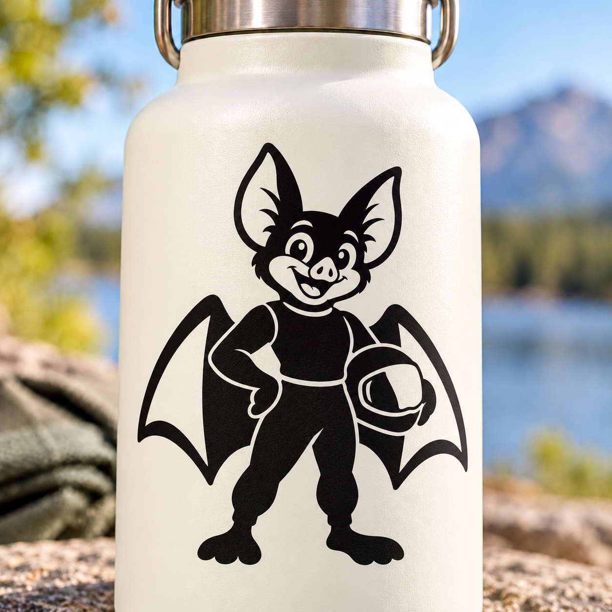 Vinyl decal of a black cartoon flying fox mascot with wings and goggles