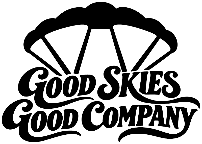 Parachute icon with "Good Skies Good Company" vinyl decal, black and white