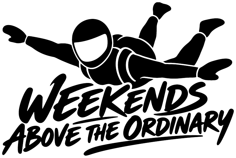Vinyl decal graphic: skydiver icon and “WEEKENDS ABOVE THE ORDINARY” lettering