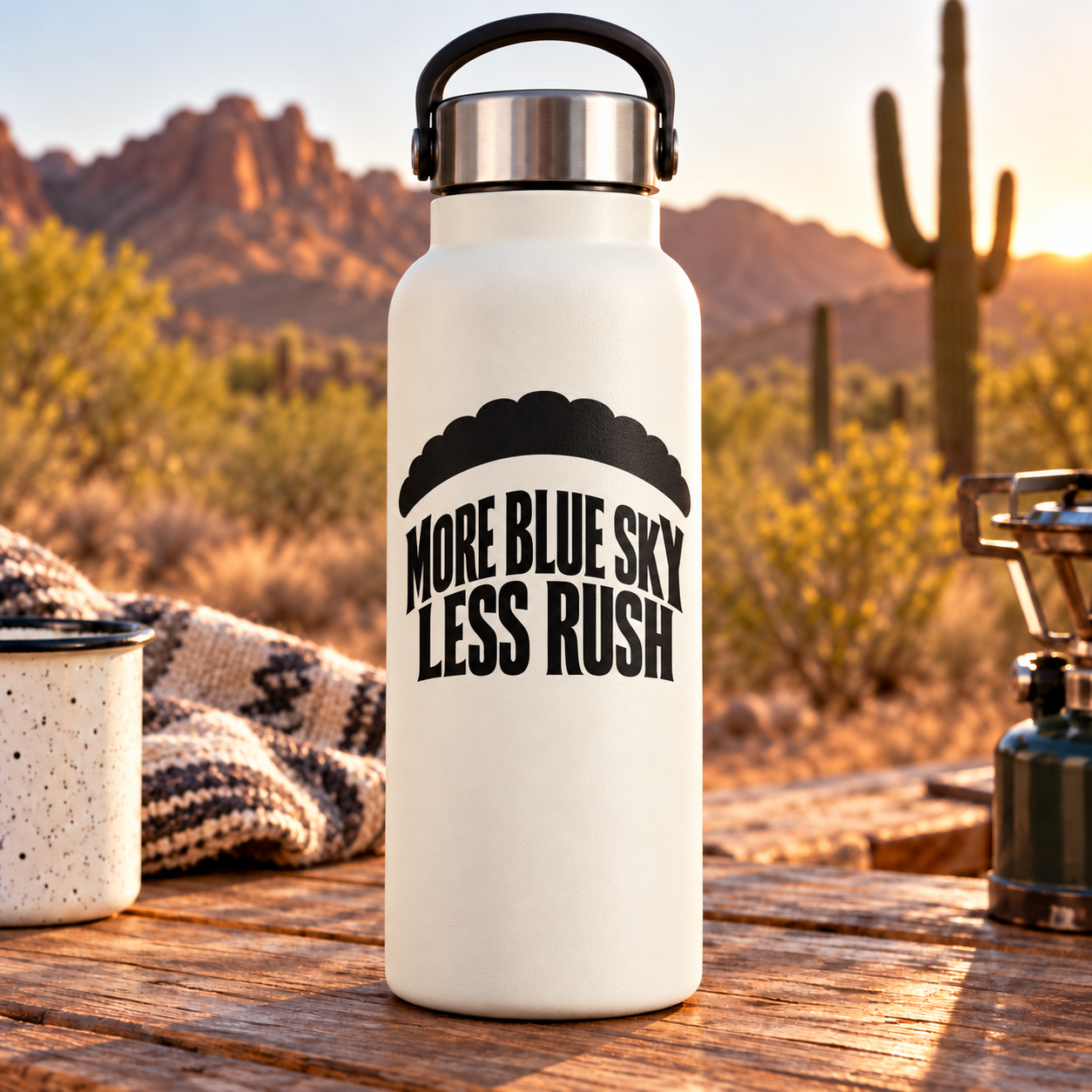 Vinyl skydiving decal on white bottle: MORE BLUE SKY LESS RUSH