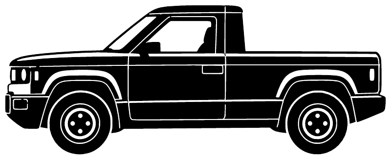 Black pickup truck side profile vinyl decal, clean line art silhouette