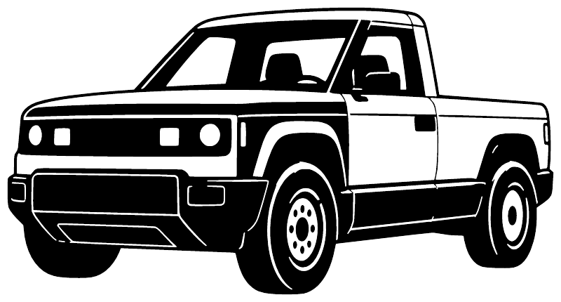 Black and white outline truck decal, low front angle