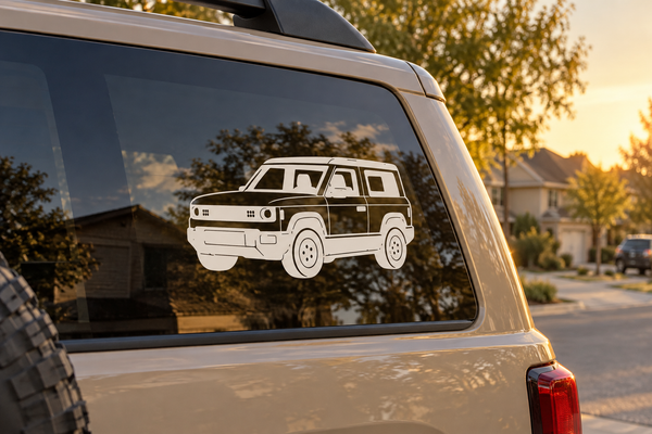 Slate squareback SUV front three-quarter vinyl decal on car window, white graphic